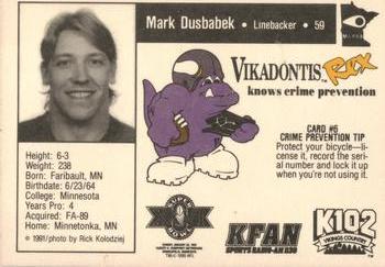 1991 Minnesota Vikings Police #6 Mark Dusbabek Back
