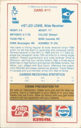 1986 Minnesota Vikings Police #11 Leo Lewis Back
