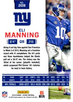 2016 Score - Jumbo Artist's Proof #209 Eli Manning Back