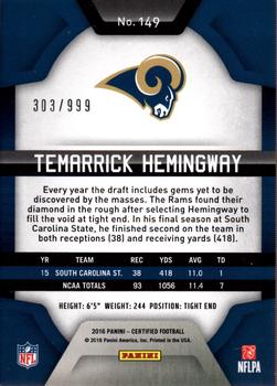 2016 Panini Certified #149 Temarrick Hemingway Back