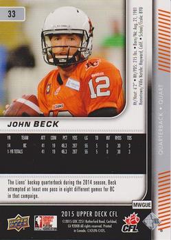 2015 Upper Deck CFL #33 John Beck Back