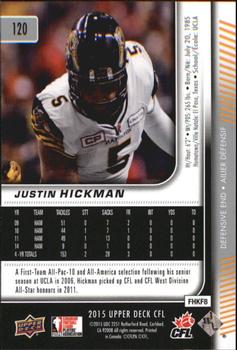 2015 Upper Deck CFL #120 Justin Hickman Back