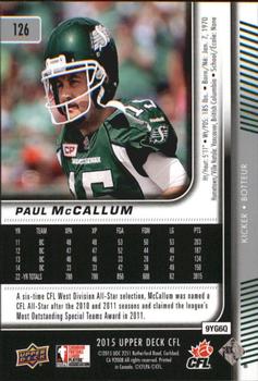 2015 Upper Deck CFL #126 Paul McCallum Back