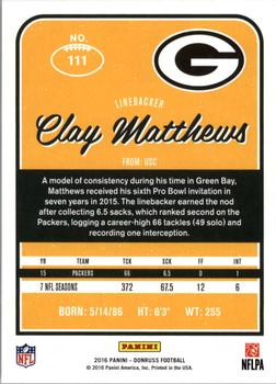 2016 Donruss #111 Clay Matthews Back