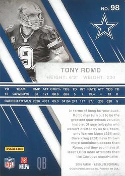 2016 Panini Absolute #98 Tony Romo Back