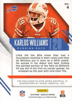 2016 Panini Absolute - Absolute Jersey Patches Veterans #4 Karlos Williams Back