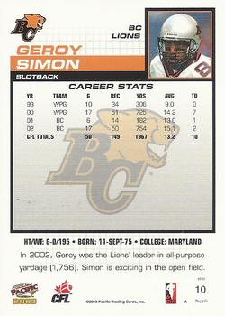 2003 Pacific  CFL - Red #10 Geroy Simon Back