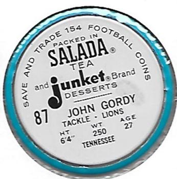 1962 Salada Coins #87 John Gordy Back
