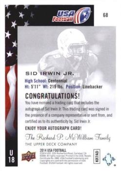 2014 Upper Deck USA Football - Autograph #68 Sid Irwin Jr. Back