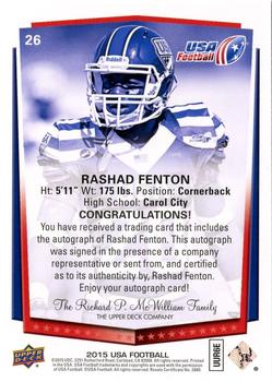 2015 Upper Deck USA Football - Autograph #26 Rashad Fenton Back