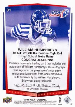 2015 Upper Deck USA Football - Autograph #91 William Humphreys Back