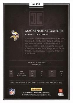 2016 Panini Impeccable - Rookie Autographs Gold #137 Mackensie Alexander Back