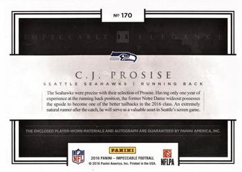 2016 Panini Impeccable - Elegance Rookie Helmet and Patch Autographs #170 C.J. Prosise Back