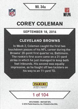 2016 Panini Instant #34a Corey Coleman Back