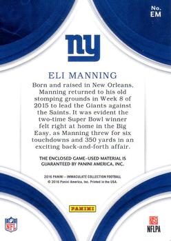 2016 Panini Immaculate Collection - Immaculate Standard Jerseys #EM Eli Manning Back