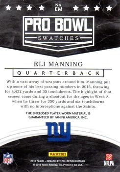 2016 Panini Immaculate Collection - Pro Bowl Swatches Prime #EM Eli Manning Back