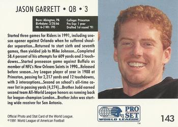 1991 Pro Set WLAF #143 Jason Garrett Back