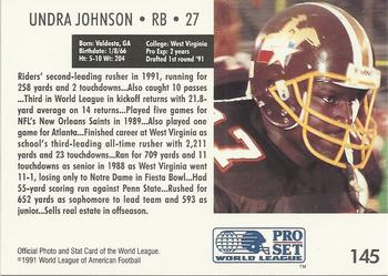 1991 Pro Set WLAF #145 Undra Johnson Back