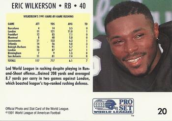 1991 Pro Set WLAF #20 Eric Wilkerson Back