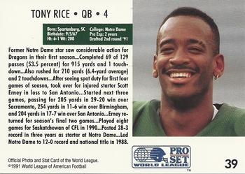 1991 Pro Set WLAF #39 Tony Rice Back