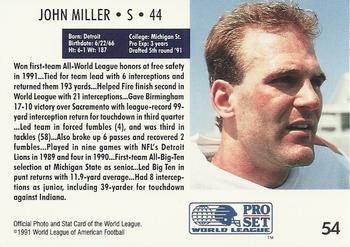 1991 Pro Set WLAF #54 John Miller Back