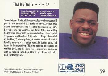1991 Pro Set WLAF #59 Tim Broady Back