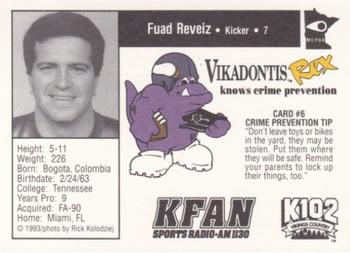 1993 Minnesota Vikings Police #6 Fuad Reveiz Back