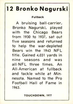 1977 Touchdown Club #12 Bronko Nagurski Back