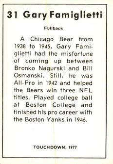 1977 Touchdown Club #31 Gary Famiglietti Back