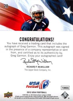 2012 Upper Deck USA Football - Autographs #20 Greg Garmon Back