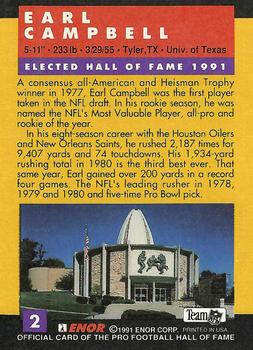 1991 Enor Pro Football HOF - Promos #2 Earl Campbell Back