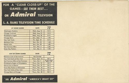 1950 Admiral TV Los Angeles Rams #13 Tom Kalmanir Back