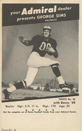 1950 Admiral TV Los Angeles Rams #20 George Sims Front