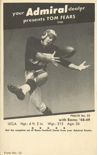 1950 Admiral TV Los Angeles Rams #22 Tom Fears Front