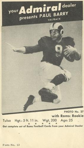 1950 Admiral TV Los Angeles Rams #27 Paul Barry Front