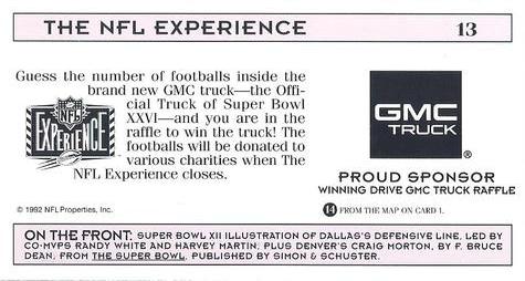 1992 NFL Experience #13 Super Bowl XII Back