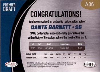 2017 SAGE HIT - Autographs #A36 Dante Barnett Back