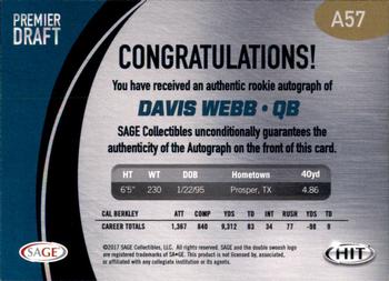 2017 SAGE HIT - Autographs #A57 Davis Webb Back