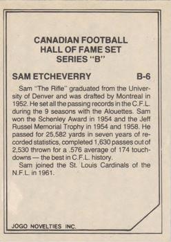 1983 JOGO CFL Hall of Fame Series B #B6 Sam Etcheverry Back