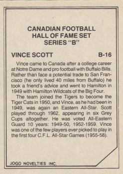1983 JOGO CFL Hall of Fame Series B #B16 Vince Scott Back