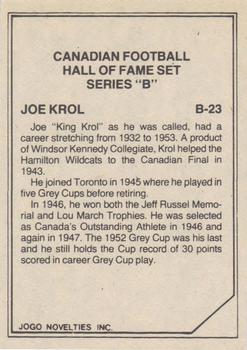 1983 JOGO CFL Hall of Fame Series B #B23 Joe Krol Back