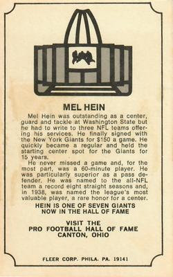 1974 Fleer Football Patches - Immortal Roll #NNO Mel Hein Back