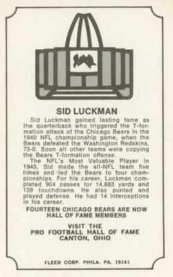 1974 Fleer Football Patches - Immortal Roll #NNO Sid Luckman Back