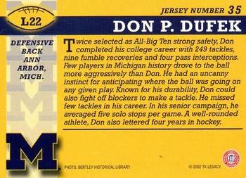 2002 TK Legacy Michigan Wolverines #L22 Don Dufek Jr. Back