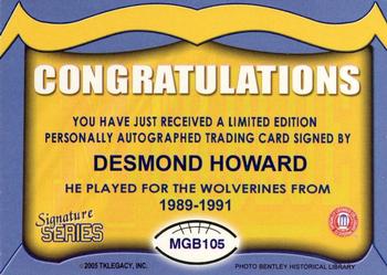 2002 TK Legacy Michigan Wolverines - Go Blue Autographs #MGB105 Desmond Howard Back