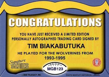 2002 TK Legacy Michigan Wolverines - Go Blue Autographs #MGB123 Tim Biakabutuka Back