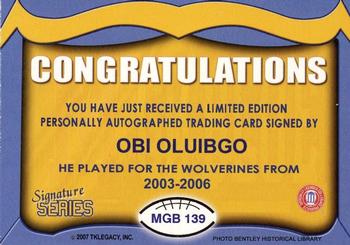 2002 TK Legacy Michigan Wolverines - Go Blue Autographs #MGB139 Obi Oluigbo Back
