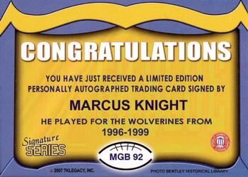 2002 TK Legacy Michigan Wolverines - Go Blue Autographs #MGB92 Marcus Knight Back