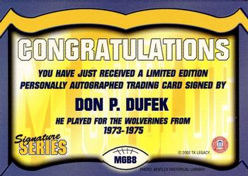 2002 TK Legacy Michigan Wolverines - Go Blue Autographs #MGB8 Don Dufek Jr. Back