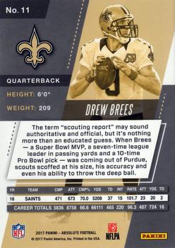 2017 Panini Absolute #11 Drew Brees Back